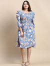 Women Puff Blue Floral Fit and Flare Dress-AE-15800-Blue