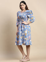 Women Puff Blue Floral Fit and Flare Dress-AE-15800-Blue