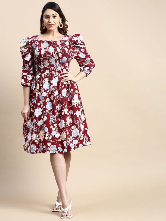 Women Puff Maroon Floral Fit and Flare Dress-AE-15800-Maroon