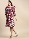 Women Puff Maroon Floral Fit and Flare Dress-AE-15800-Maroon