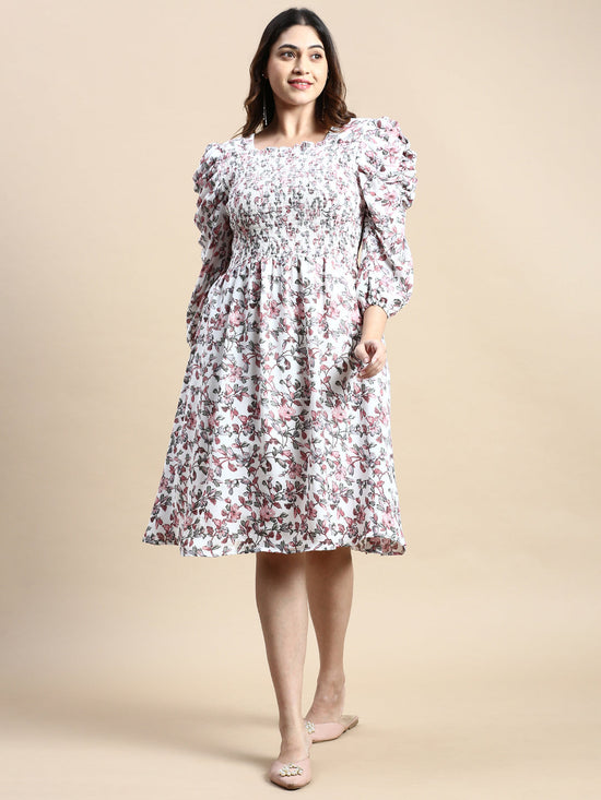 Women Puff White Floral Fit and Flare Dress-AE-15802-Whitepink