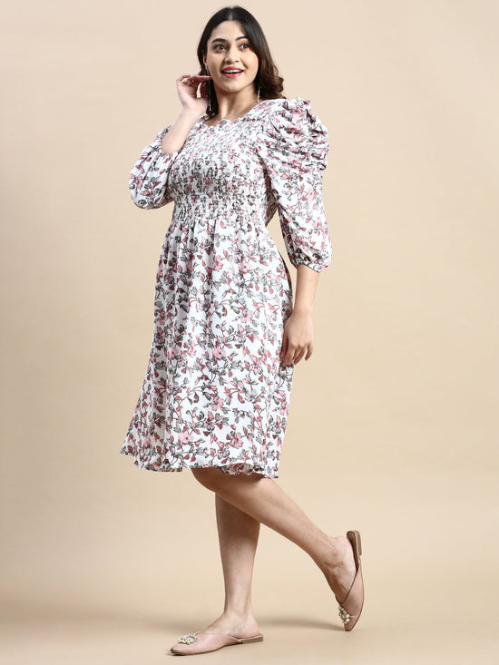 Women Puff White Floral Fit and Flare Dress-AE-15802-Whitepink