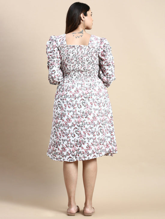 Women Puff White Floral Fit and Flare Dress-AE-15802-Whitepink