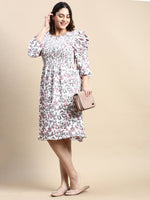 Women Puff White Floral Fit and Flare Dress-AE-15802-Whitepink