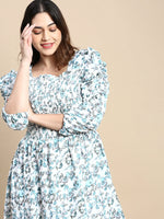 Women Puff White Floral Fit and Flare Dress-AE-15802-Whiteteal