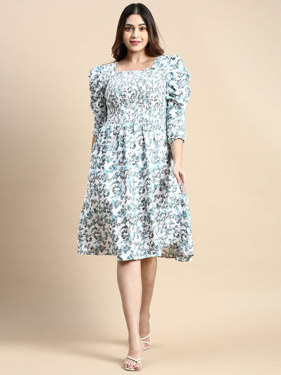 Women Puff White Floral Fit and Flare Dress-AE-15802-Whiteteal