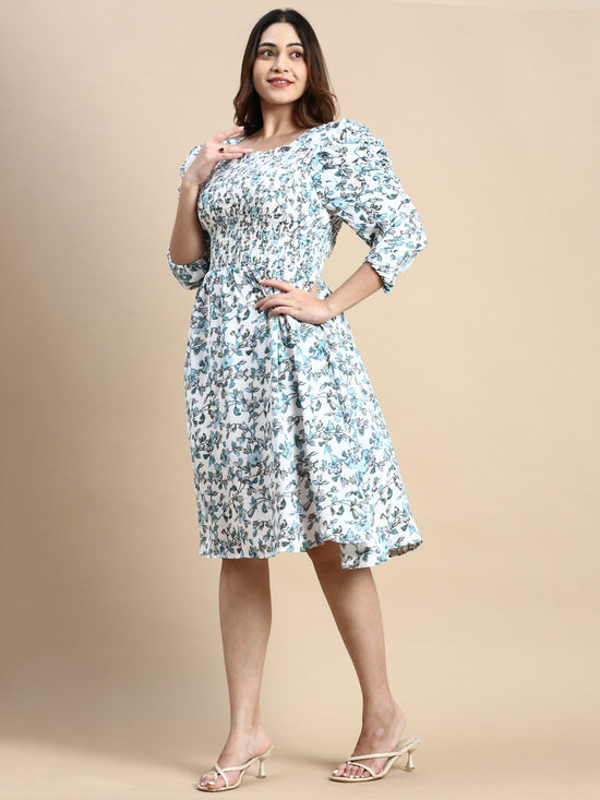 Women Puff White Floral Fit and Flare Dress-AE-15802-Whiteteal