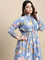 Women Puff Blue Floral Fit and Flare Dress-AE-15805-Blue