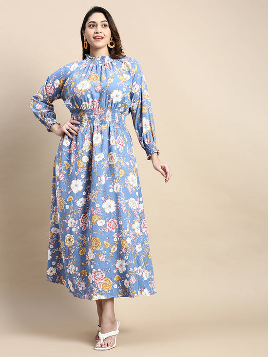 Women Puff Blue Floral Fit and Flare Dress-AE-15805-Blue