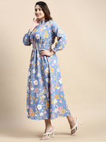 Women Puff Blue Floral Fit and Flare Dress-AE-15805-Blue