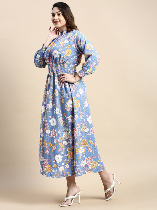 Women Puff Blue Floral Fit and Flare Dress-AE-15805-Blue