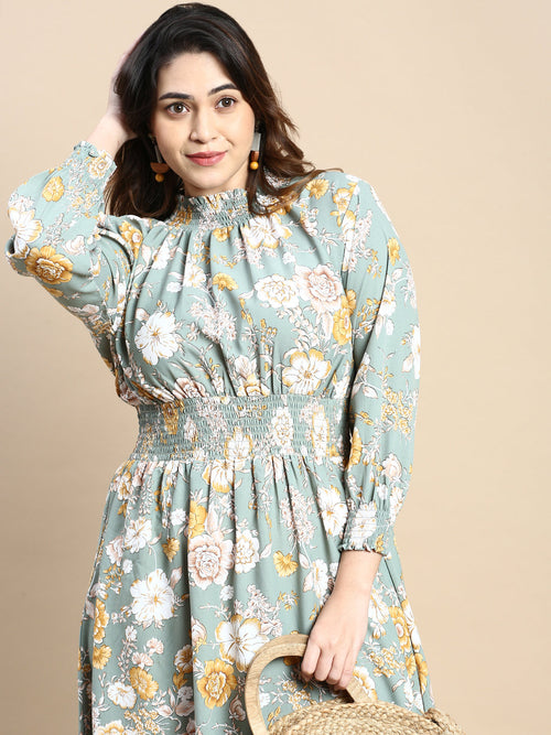 Women Puff Sea Green Floral Fit and Flare Dress-AE-15805-Seagreen