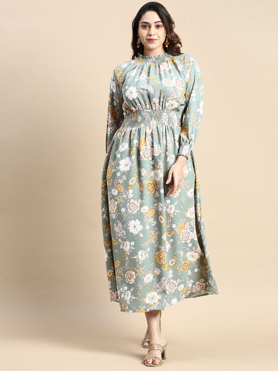 Women Puff Sea Green Floral Fit and Flare Dress-AE-15805-Seagreen