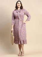 Women Tie-Up Neck Puff Purple Floral Fit and Flare Dress-AE-15809-Purple