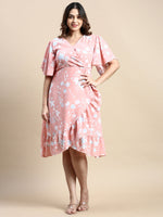 Women Flared Peach Floral Wrap Dress-AE-15841-Peach