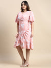 Women Flared Peach Floral Wrap Dress-AE-15841-Peach