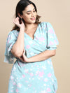 Women Flared Sea Green Floral Wrap Dress-AE-15841-Seagreen