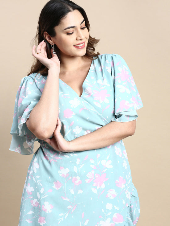 Women Flared Sea Green Floral Wrap Dress-AE-15841-Seagreen