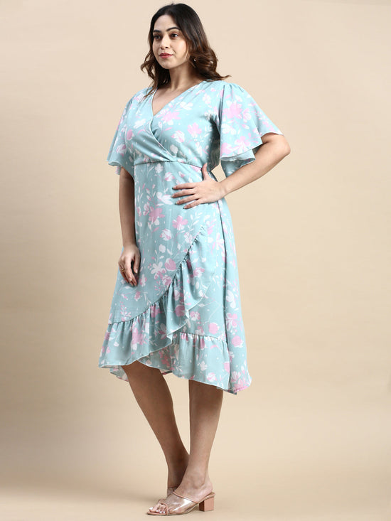 Women Flared Sea Green Floral Wrap Dress-AE-15841-Seagreen