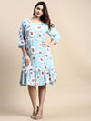 Women Puff Blue Floral Fit and Flare Dress-AE-15867-Blue