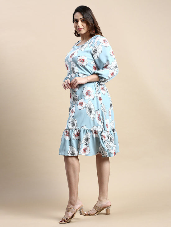 Women Puff Blue Floral Fit and Flare Dress-AE-15867-Blue