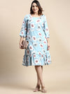 Women Puff Blue Floral Fit and Flare Dress-AE-15867-Blue