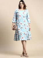 Women Puff Blue Floral Fit and Flare Dress-AE-15867-Blue