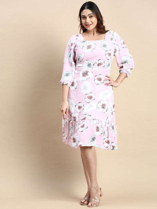 Women Puff Pink Floral Fit and Flare Dress-AE-15867-Pink