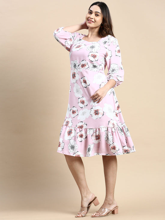 Women Puff Pink Floral Fit and Flare Dress-AE-15867-Pink