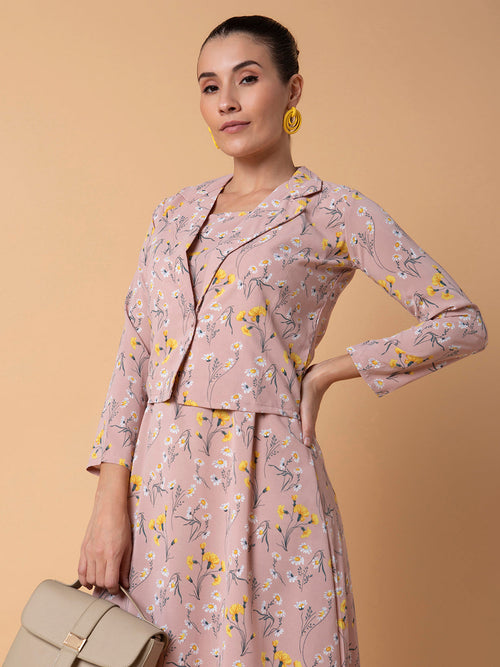 Women Floral Peach Midi A-Line Dress with Shrug-AE-15935-Peach