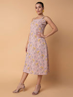 Women Floral Peach Midi A-Line Dress with Shrug-AE-15935-Peach