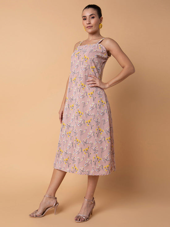 Women Floral Peach Midi A-Line Dress with Shrug-AE-15935-Peach