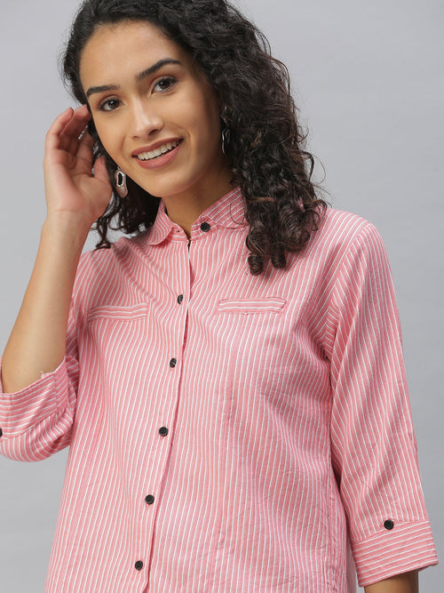 Women Club Collar Striped Pink Shirts-AE-3330105-Pink