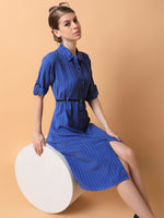 Women Striped Blue Midi A-Line Dress with Belt-AE-4211-Blue