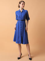 Women Striped Blue Midi A-Line Dress with Belt-AE-4211-Blue