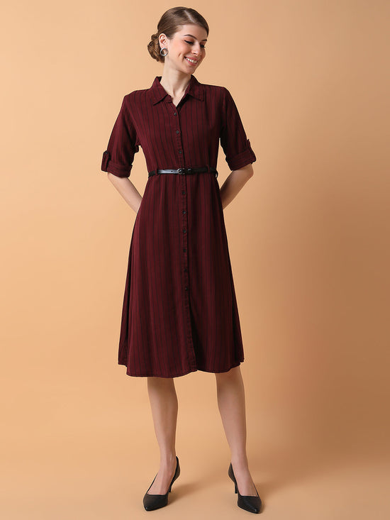 Women Striped Maroon Midi A-Line Dress with Belt-AE-4211-Maroon