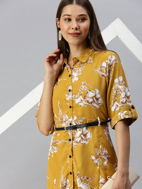 Women Printed Fit and Flare Mustard Dress-AE-444697-Mustard