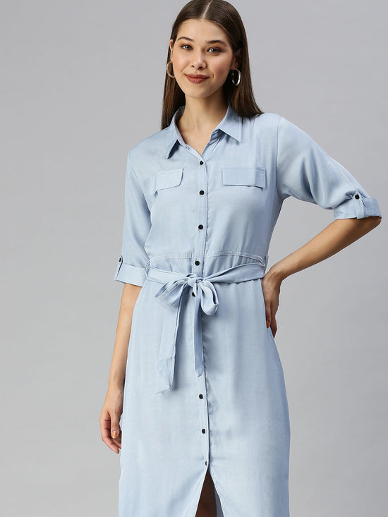 Women Solid Shirt Style Blue Dress-AE-444810B-Blue