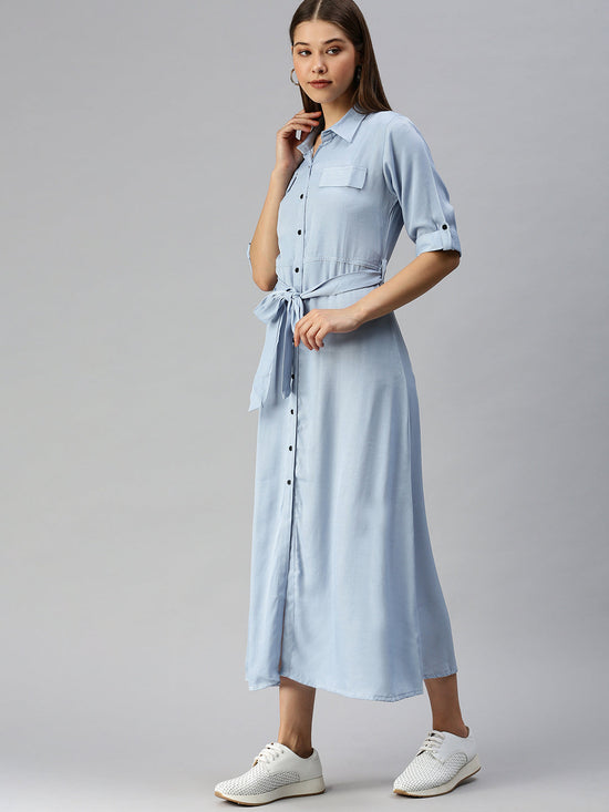 Women Solid Shirt Style Blue Dress-AE-444810B-Blue