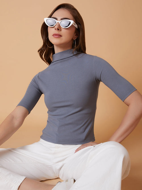 Women High Neck Grey Solid T Shirt-AE-510-Grey