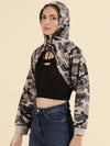 Women Hooded Grey Crop Camouflage Front-Open Sweatshirt-AF-1798-2-Grey