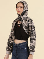 Women Hooded Grey Crop Camouflage Front-Open Sweatshirt-AF-1798-2-Grey