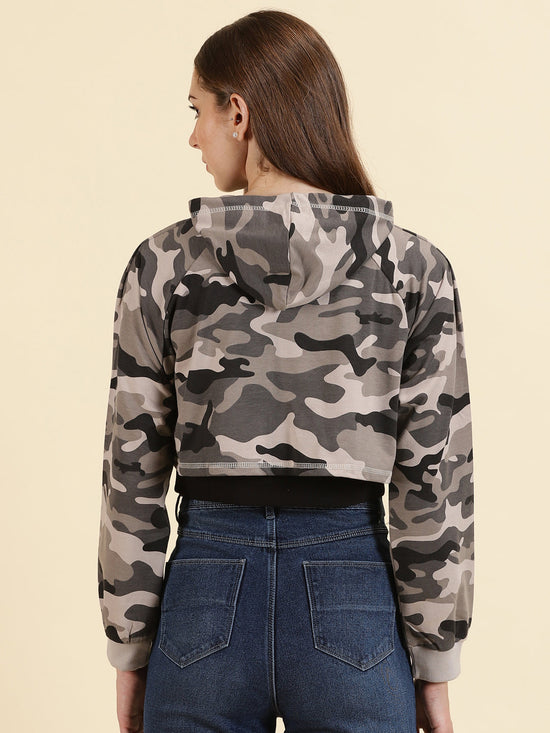 Women Hooded Grey Crop Camouflage Front-Open Sweatshirt-AF-1798-2-Grey