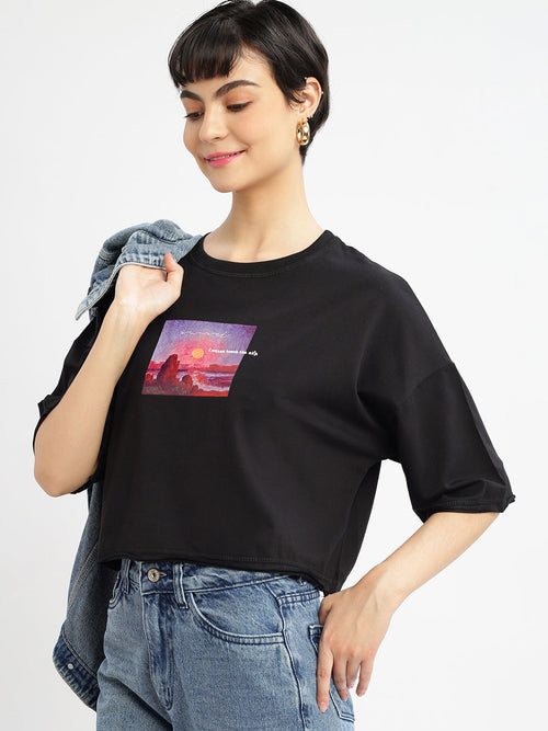 Women Graphic Black Boxy Crop T shirt-AF-2197-Black