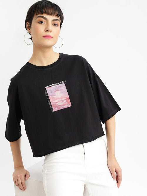 Women Graphic Black Boxy Crop T shirt-AF-2224-Black