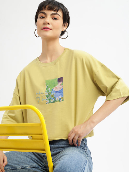 Women Graphic Mustard Boxy Crop T shirt-AF-2231-Mustard