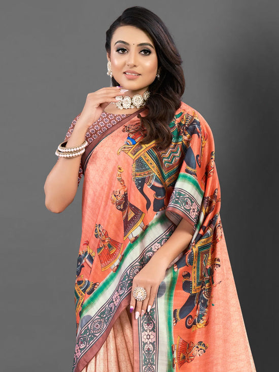 Saree Mall Women's  Blend Peach Printed Designer Saree With Blouse Piece-AFREN103