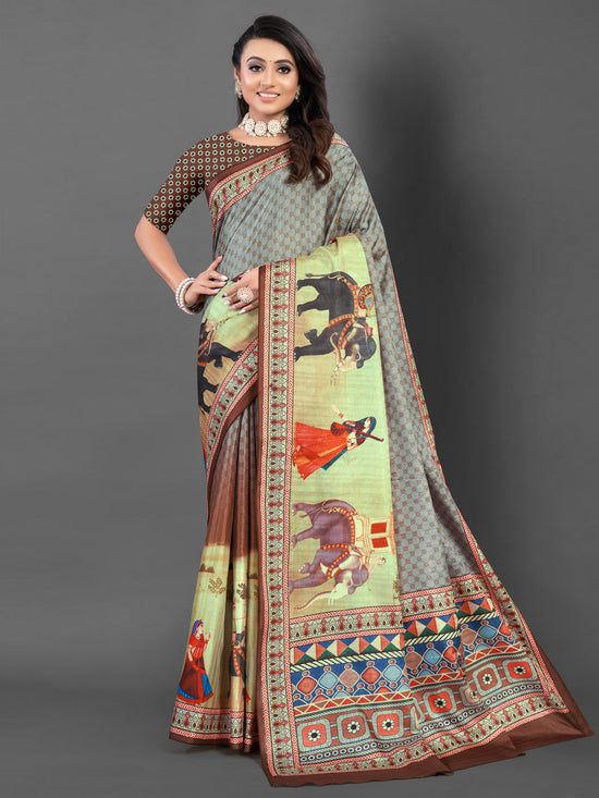 Saree Mall Women's  Blend Grey Printed Designer Saree With Blouse Piece-AFREN104