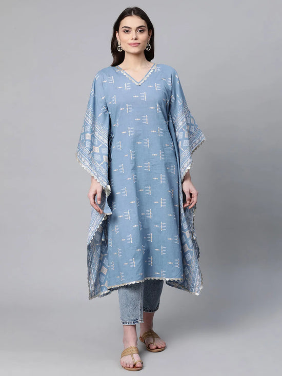 Ahalyaa Women Pastel Blue Pure Cotton Printed Kaftan Kurta