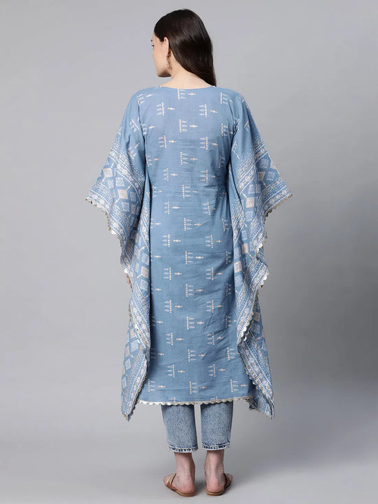 Ahalyaa Women Pastel Blue Pure Cotton Printed Kaftan Kurta